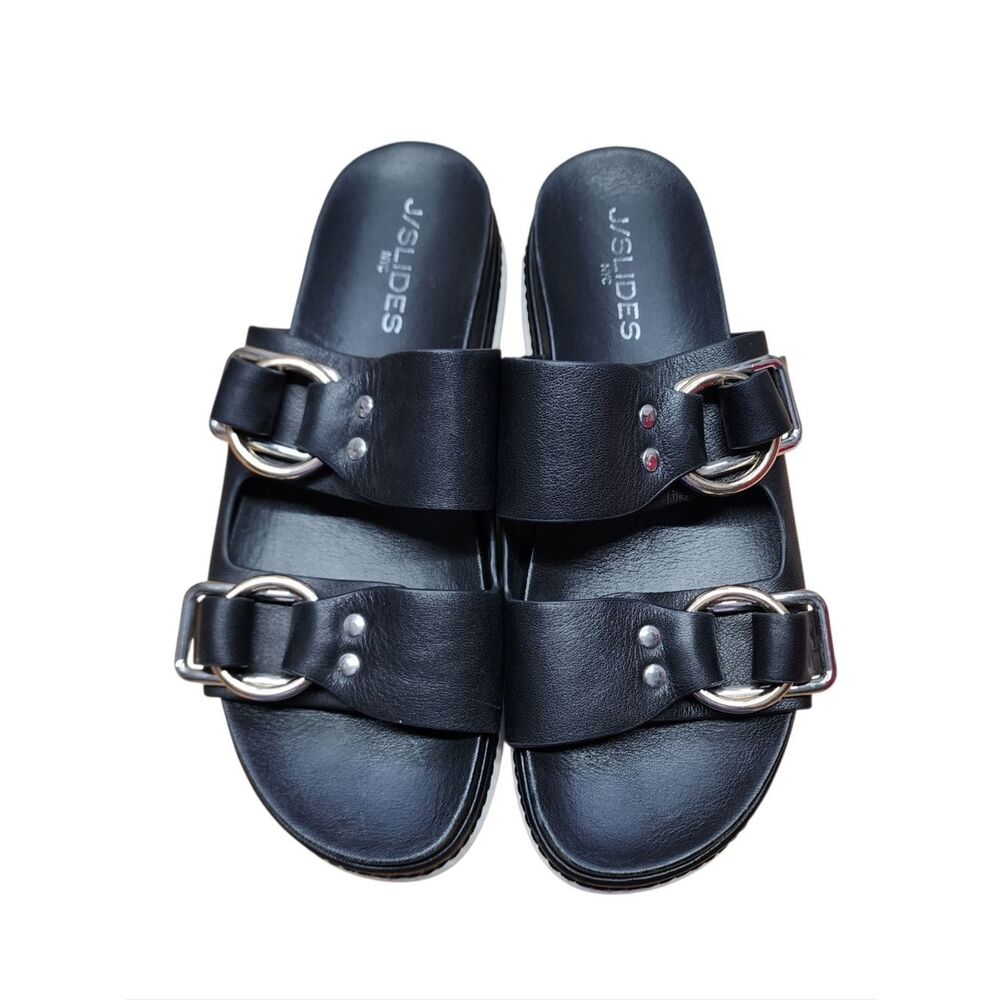 J/Slide NYC Baha Black Leather Platform Sandals Sz 8 Box 38